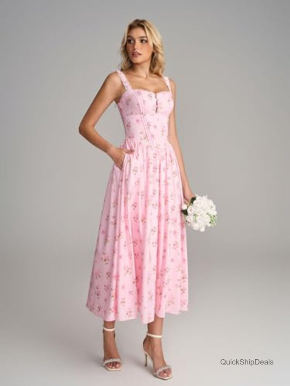 Women's Lace Corset Midi Dress Flowy Smocked A-Line with Pockets - Picture 5 of 7